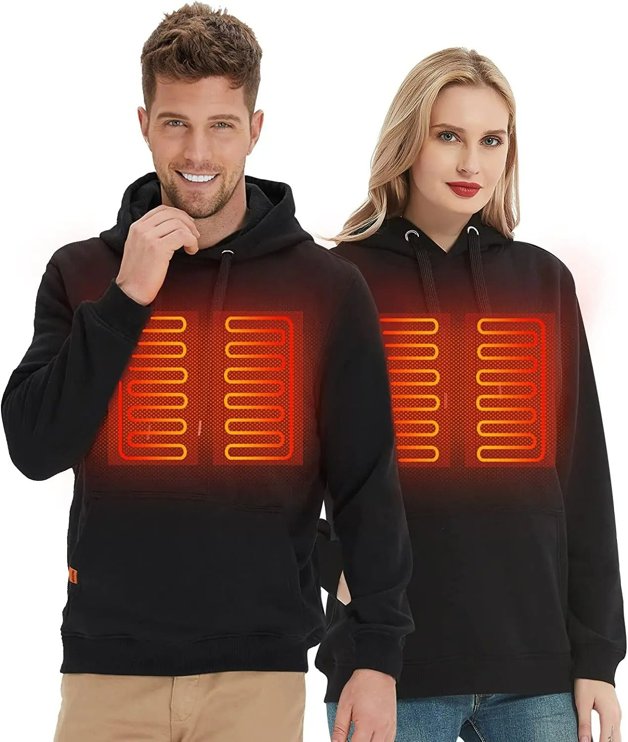 Heated hoodie for men and women – front view of electric unisex heating sweatshirt in soft polyester, ideal for winter warmth