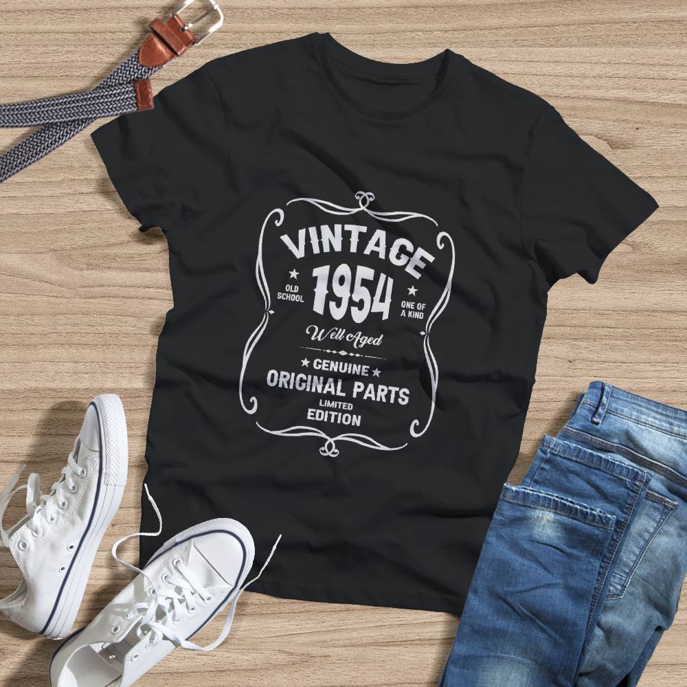 White Vintage 1954 68th birthday shirt — personalised retro design close-up, nostalgic birthday tee for him or her