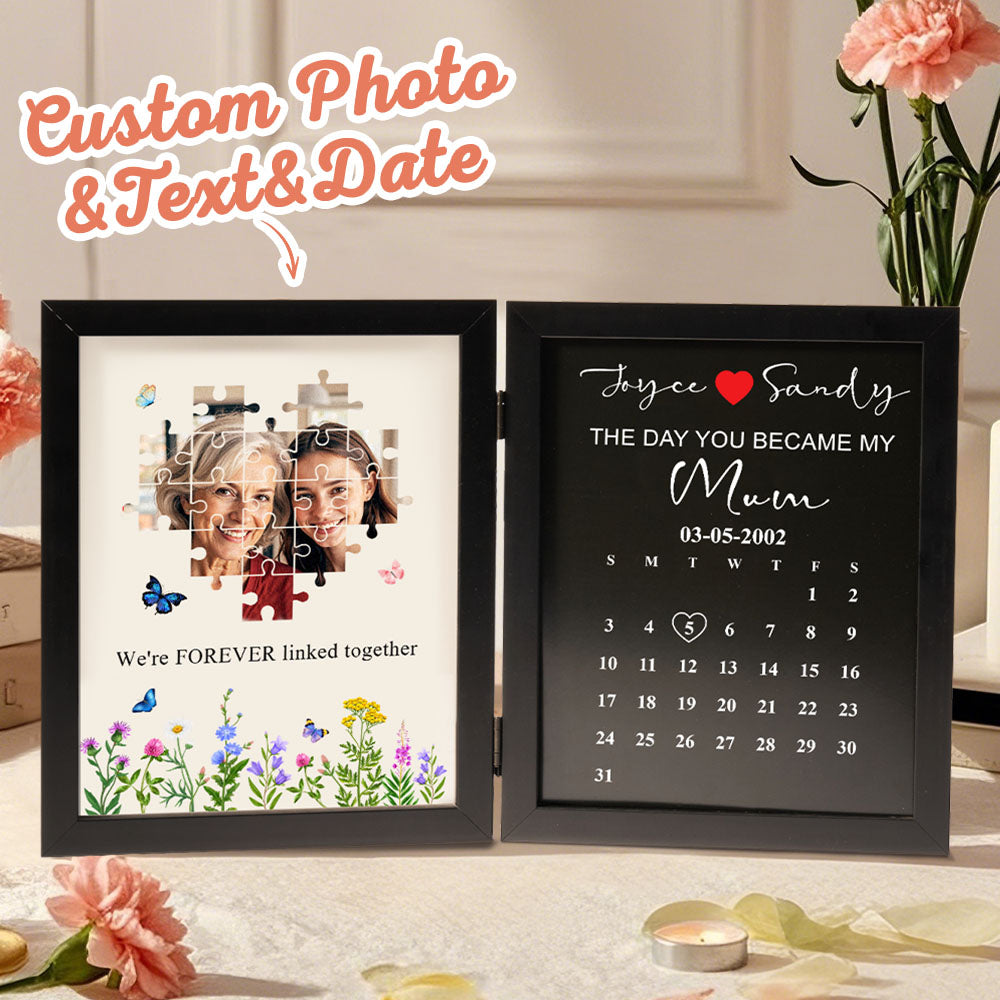 Two sizes of personalised Mother's Day puzzle photo frames side-by-side, custom date engraving and museum-grade UV protection for photos