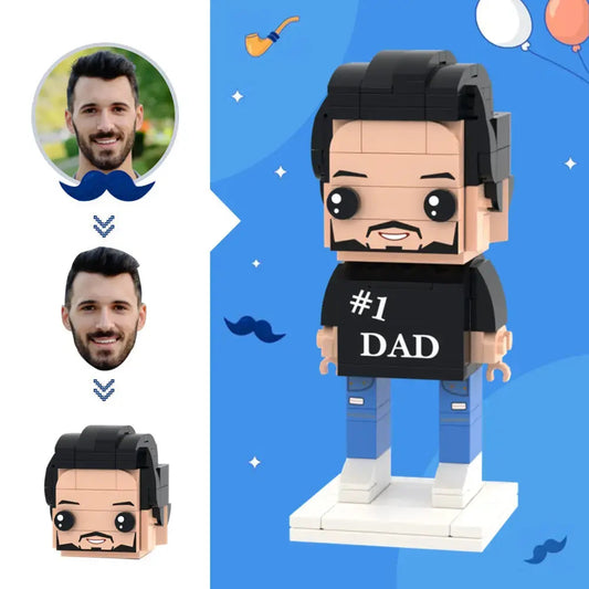 Front view of Personalised No.1 Dad custom head brick figure – small particle block toy with bespoke face, perfect personalised photo gift for Father’s Day