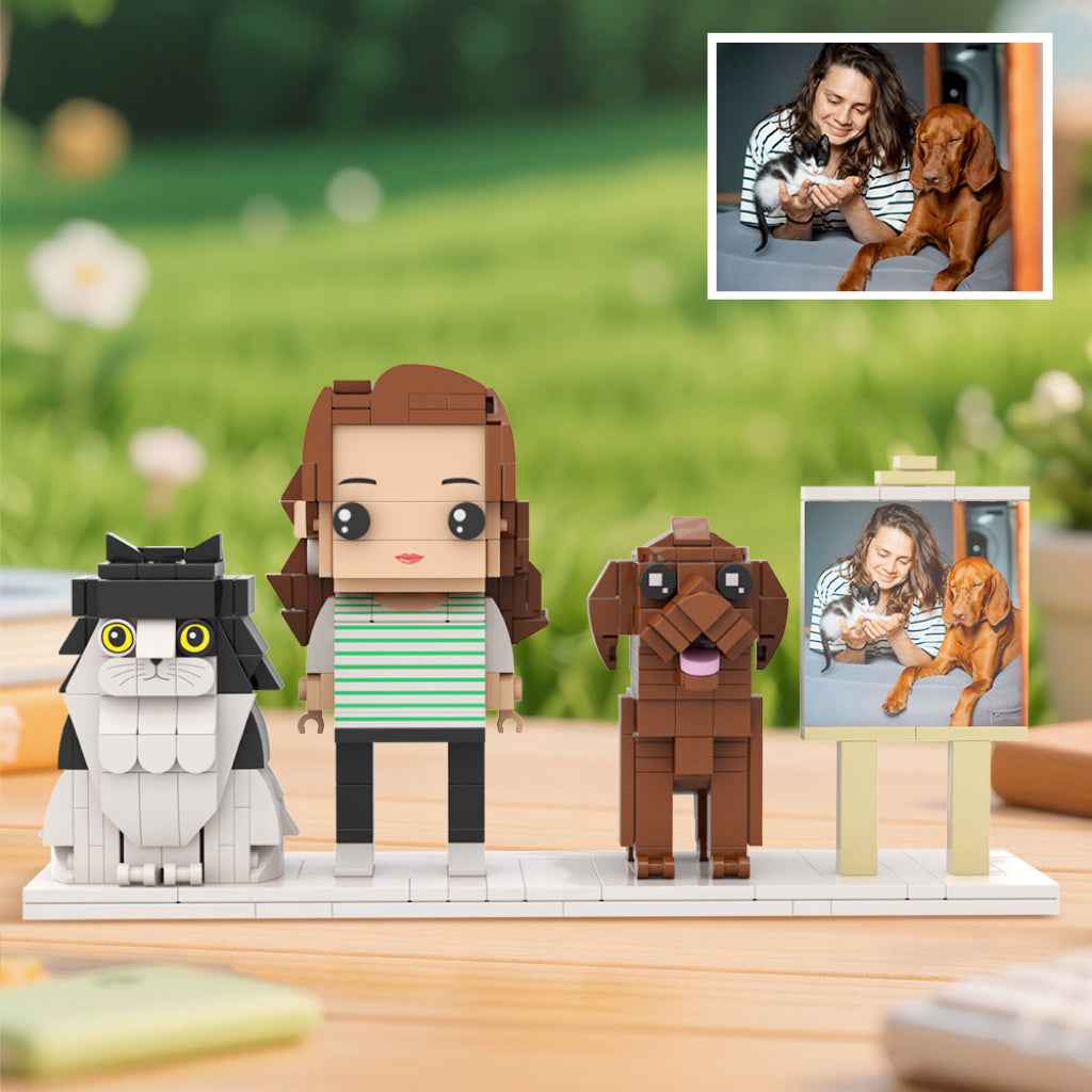 Custom Full-Body Brick Figures of 1 Person, Cat & Dog with Frame Personalized Anniversary Gift Birthday Gift