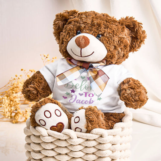 Front-facing personalised bear plush with embroidered name on belly – soft cuddly teddy, perfect personalised baby shower gift and nursery keepsake (25 x 35 cm)