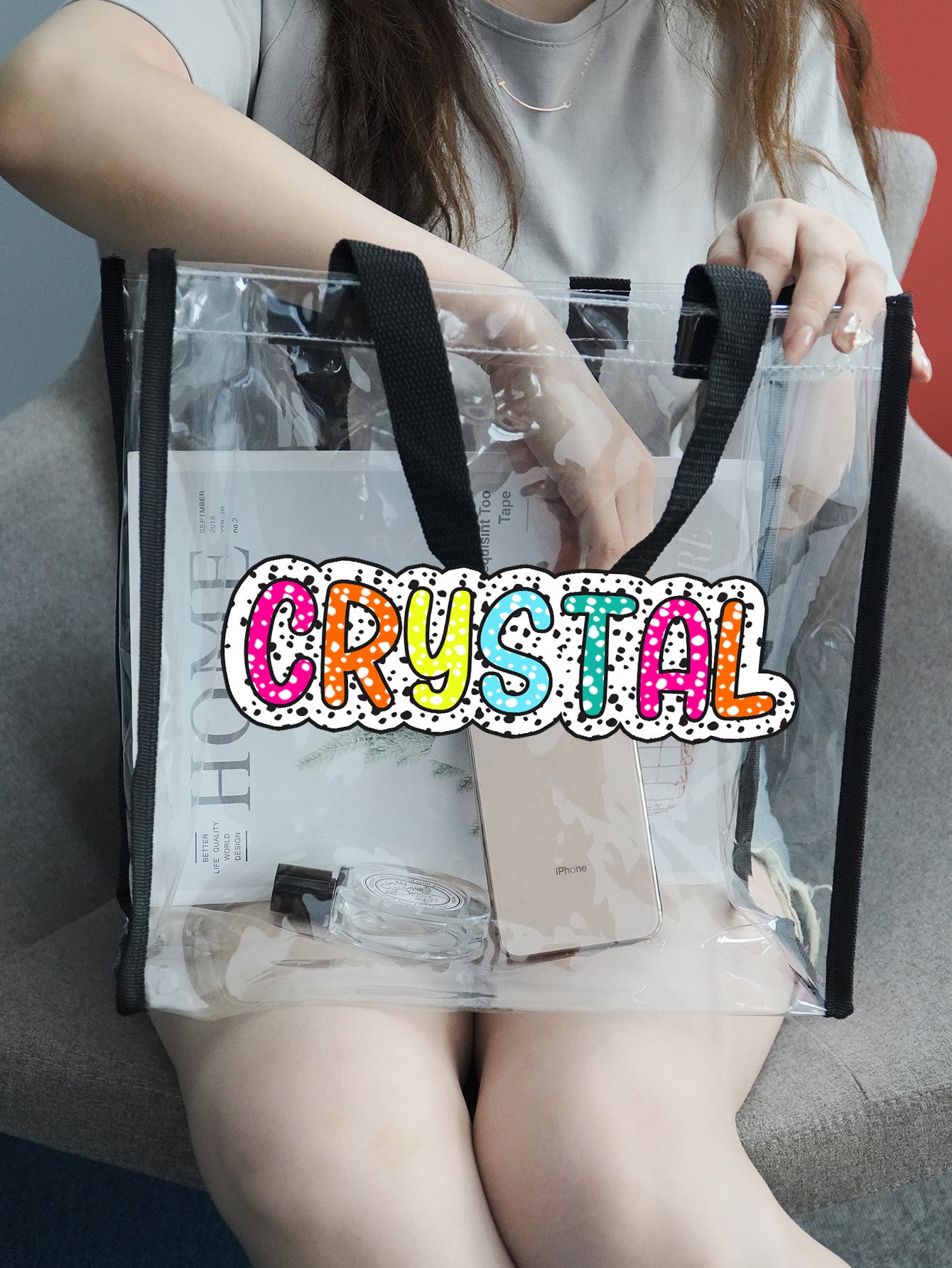 Front view of personalised clear PVC tote bag with custom initials, stylish transparent tote for wedding essentials and everyday use