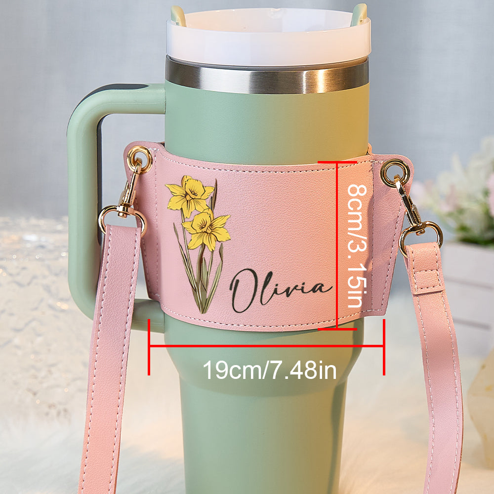 Measurement and adjustable strap length detail for the personalised birth flower carrier designed for 40oz Stanley tumblers