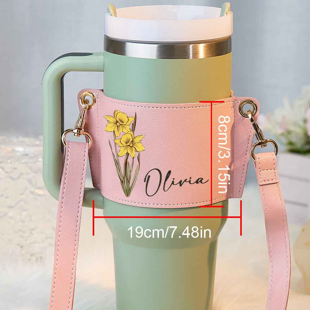 Personalized Birth Flower Water Bottle Carrier Bag for 40oz Stanley Tumbler with Adjustable Strap Gift for Her