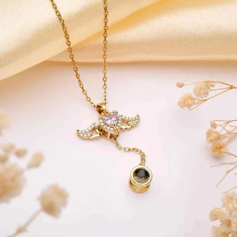 Custom Projection Necklace Cupid Heart Angel Wings Tassel Necklace Clavicle Chain