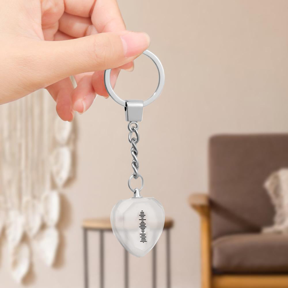 Personalised heart crystal keyring showing custom photo and engraved text with scannable song code — perfect for Valentine’s Day or Mother’s Day