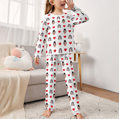 Front view of personalised two‑face long‑sleeve children's pyjama set with custom face print — perfect personalised photo gift for girls