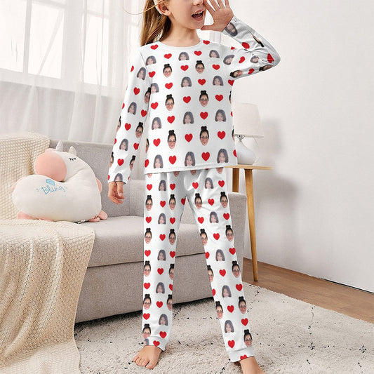 Front view of personalised two‑face long‑sleeve children's pyjama set with custom face print — perfect personalised photo gift for girls