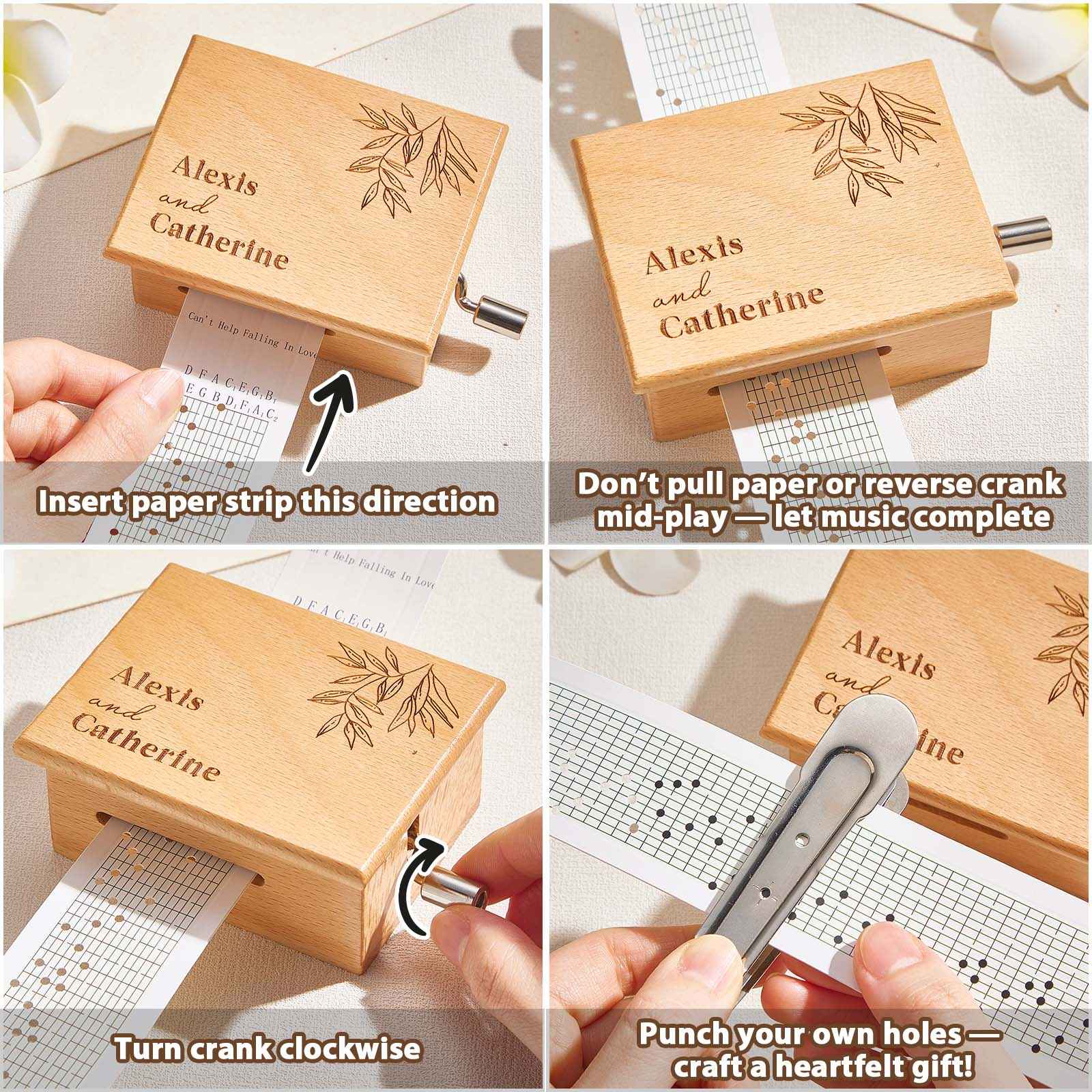 Custom Text Hand-Cranked Paper Strip Music Box – 15-Note Movement with 2 Pre-Printed Melodies (15 Seconds Each)