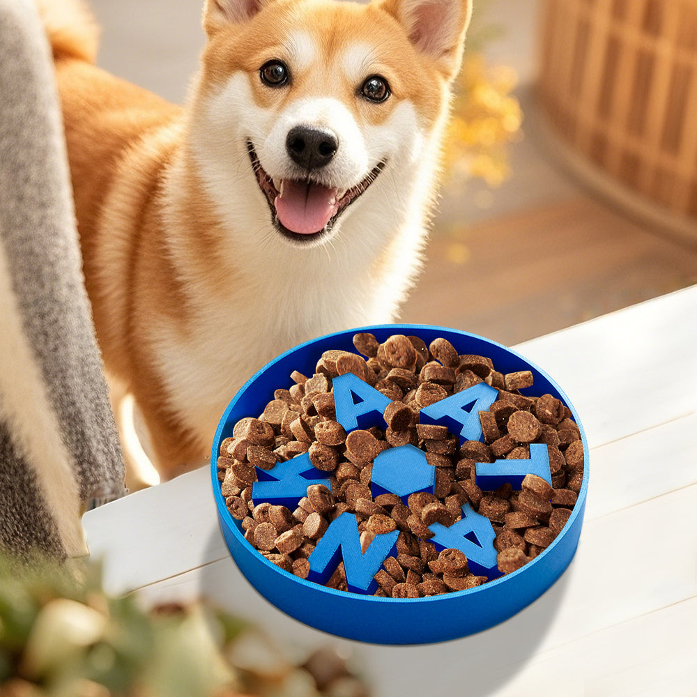 Angled product shot of personalised PLA slow feeder dog bowl highlighting raised 3D-printed name and internal ridges to slow eating