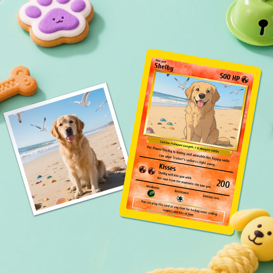 Personalised poke-style pet card showing a custom dog photo and printed name — collectible-style pet keepsake with custom text, ideal personalised gift or memorial