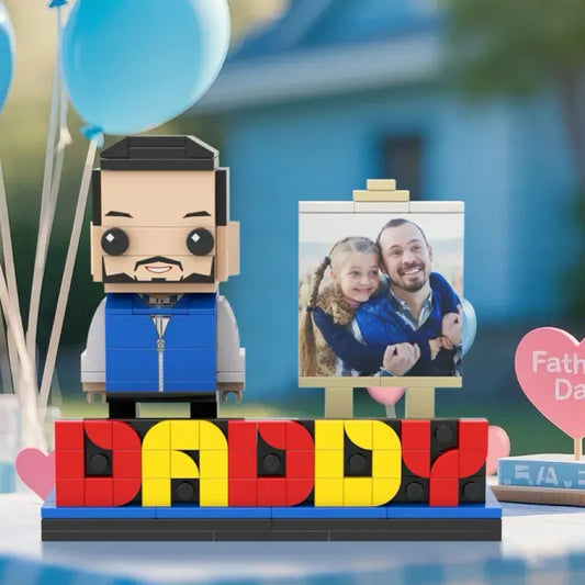 Front view of a handcrafted full-body customisable DADDY building block figure made from a photo — personalised Father's Day gift