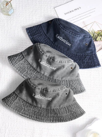 Side angle of personalised denim bucket hat showing embroidered name and durable denim texture — ideal personalised graduation or birthday gift
