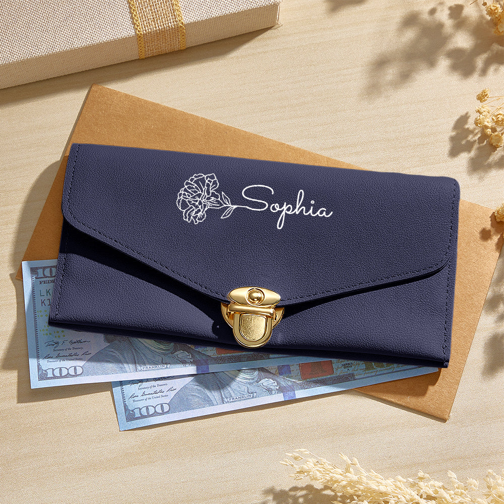 Personalised Birth Flower PU Leather Wallet with Name - Custom Birthday Gift for Her
