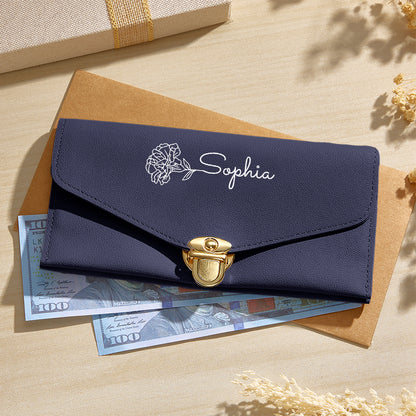 Personalised Birth Flower PU Leather Wallet with Name - Custom Birthday Gift for Her