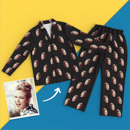Flat lay of personalised face pyjama set showing vibrant all‑over custom print and elasticated waist — soft breathable 100% polyester, ideal custom photo pyjamas gift