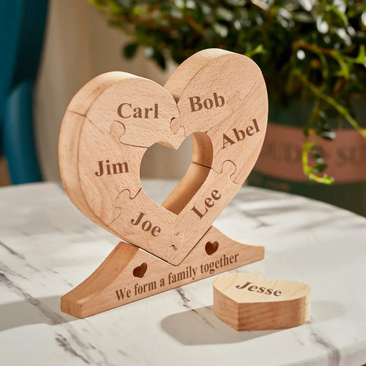 Custom engraved wooden name heart puzzle with personalised family names — handcrafted wooden heart ornament, natural finish, 18 x 16.5 cm family keepsake