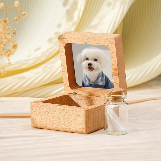 Personalised pet fur keepsake box in walnut, closed view with engraved name – walnut memorial gift for pet owner