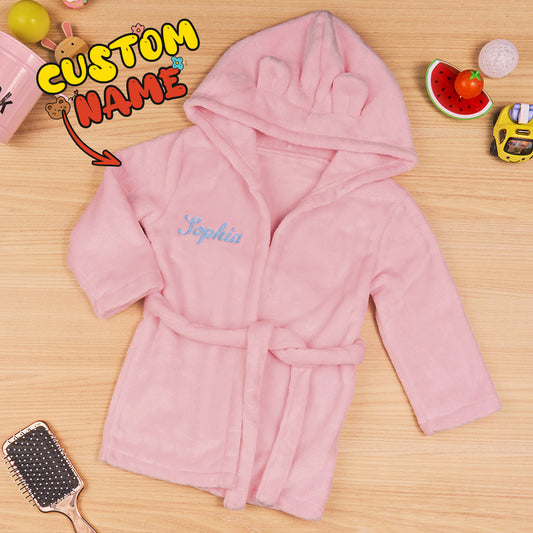 Personalised baby dressing gown with embroidered name and charming bear ears on the hood, soft polyester newborn gift