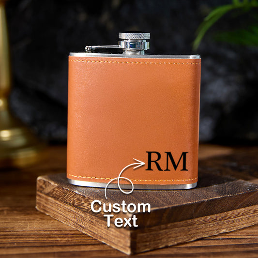 Personalised whisky flask for him – 6oz engraved stainless steel flask wrapped in hand-stitched PU leather, premium personalised gift for husband, dad or groomsmen