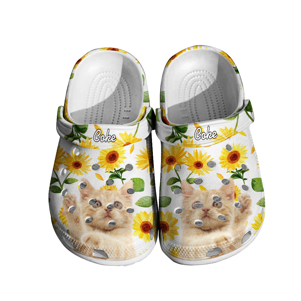 Side angle of sunflower print funny clog slippers with customised pet portrait and name – easy‑clean, durable rubber with non‑slip sole