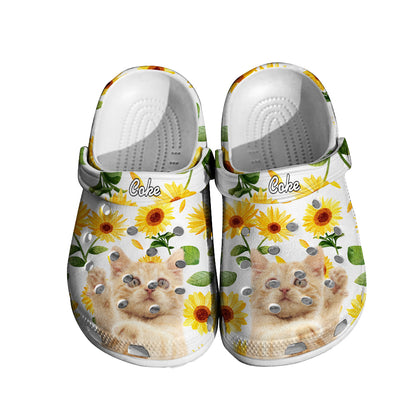 Side angle of sunflower print funny clog slippers with customised pet portrait and name – easy‑clean, durable rubber with non‑slip sole
