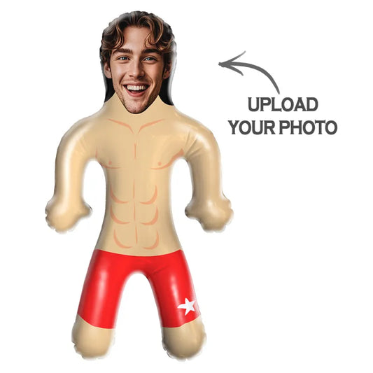 Custom inflatable doll with a personalised photo printed on its face balloon, a pool party centrepiece made from durable PVC.