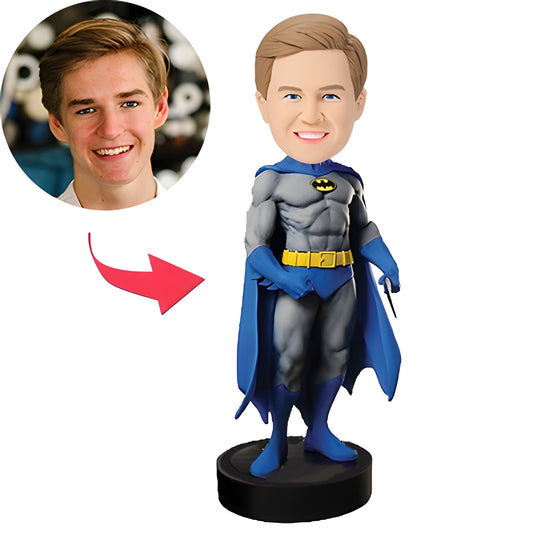 Batman personalised bobblehead with engraved text on base — custom polymer clay figure, full-front view showing personalised head modelled from your photo, ideal personalised gift