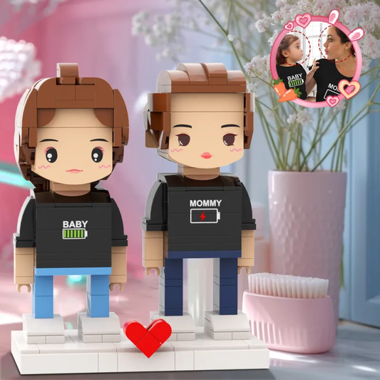 Mother's Day personalised brick figures of a couple in matching 'Battery Low' shirts — custom ABS brick figures, ideal personalised photo gift for mum