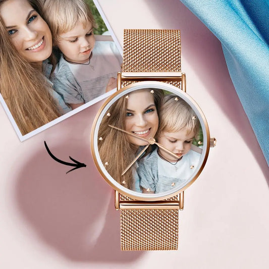 Personalised photo watch front view with custom printed photo on the dial unisex 36mm 40mm alloy strap gift