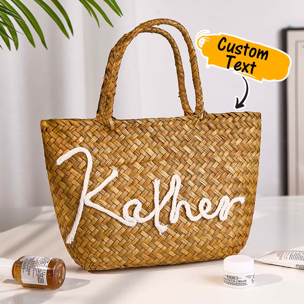 Personalised handmade bohemian straw bucket bag front view with custom name ideal for beach and travel