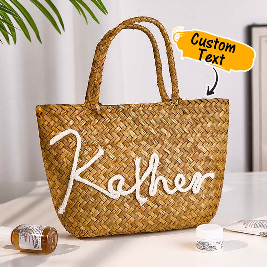 Personalised handmade bohemian straw bucket bag front view with custom name ideal for beach and travel
