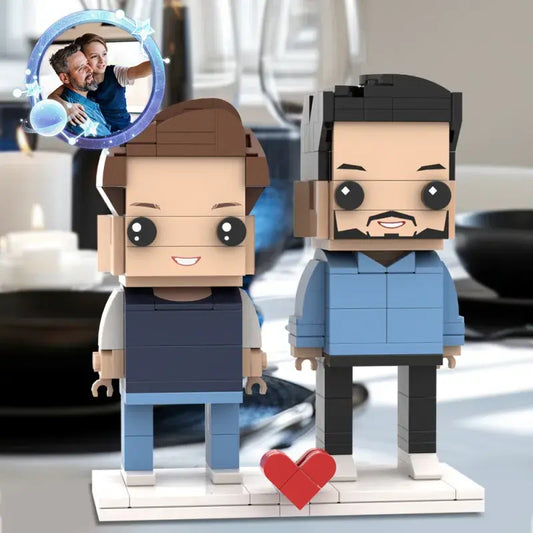 Full-body personalised 2-person brick figures from photo – bespoke couple figures with customised hairstyle, clothing and expressions in eco-friendly ABS