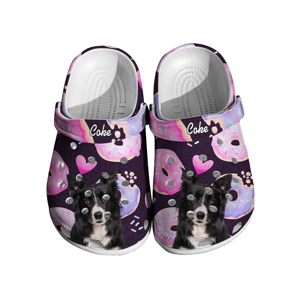Pair of rubber personalised pet clogs displayed side-by-side, showing donut print, custom pet portrait and name – lightweight comfy custom slippers