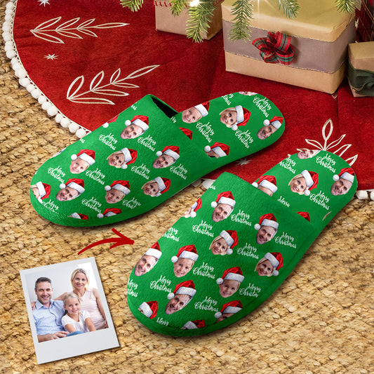Personalised green Christmas slippers with custom photo — unisex cotton house slippers with flannel upper and non-slip TPR sole