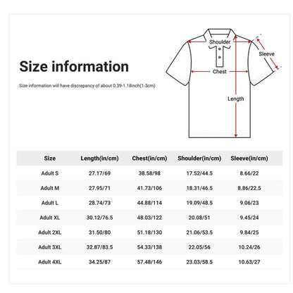 Size chart for personalised men's golf polo S–4XL with measurements in inches and centimetres for accurate fit