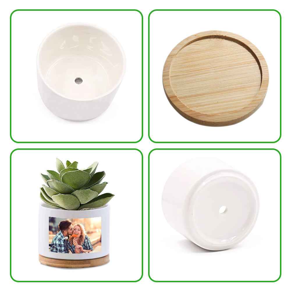 Custom Photo Ceramic Flower Pot Personalized Modern Succulent Planter Pots with Bamboo Tray