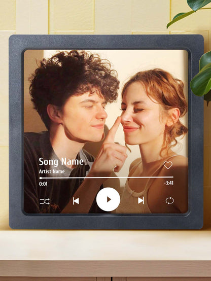 Personalised Photo Music Fridge Magnet displayed on a kitchen fridge showcasing a wedding photo and custom melody gift idea