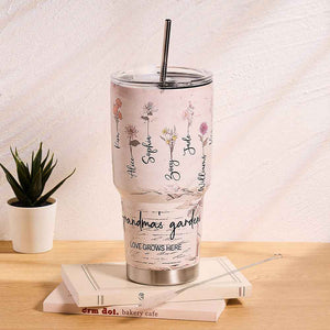 Custom 30oz Insulated Tumbler with Watercolor Birth Flower Name Text – Perfect Birthday Gift for Mom or Grandma