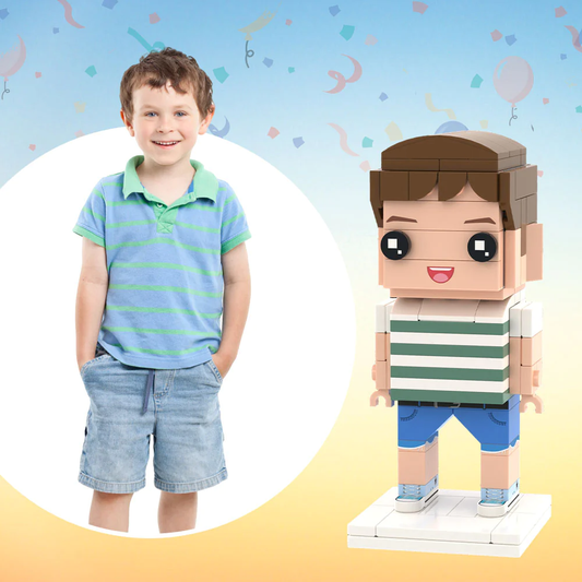 Personalised 3D photo brick figure with AI-generated lifelike head on a custom block body — custom mini block toy and personalised photo gift