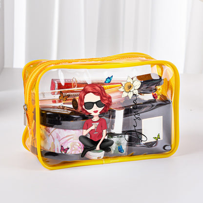 Transparent personalised make-up bag shown with cosmetics inside — travel-friendly, waterproof PVC pouch for toiletries and pool essentials