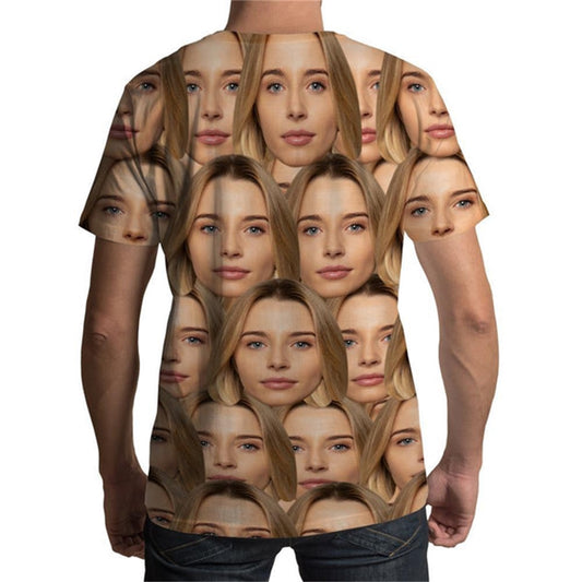Front view of personalised men's face T‑shirt with custom photo print on soft 100% polyester – personalised face tee perfect as a personalised gift T‑shirt