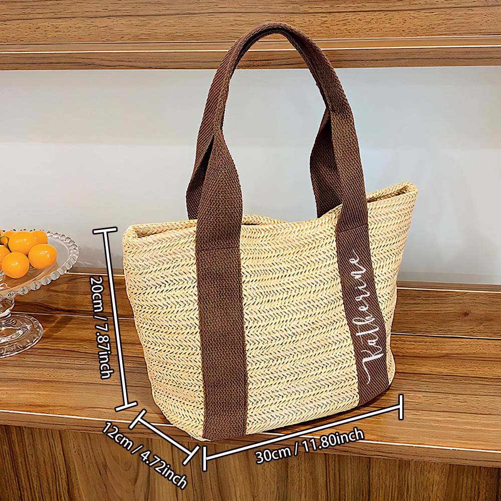Handcrafted personalised straw tote presented as a bridesmaid thank-you gift — quality finish and inspection assured