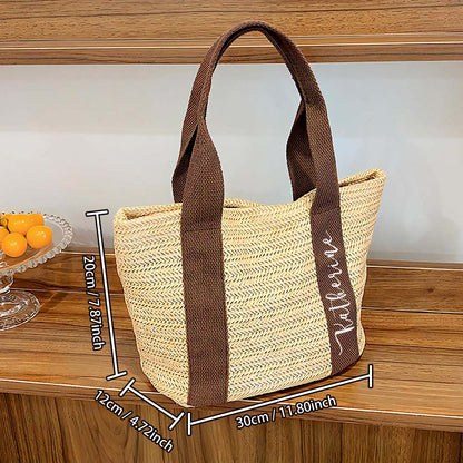 Handcrafted personalised straw tote presented as a bridesmaid thank-you gift — quality finish and inspection assured