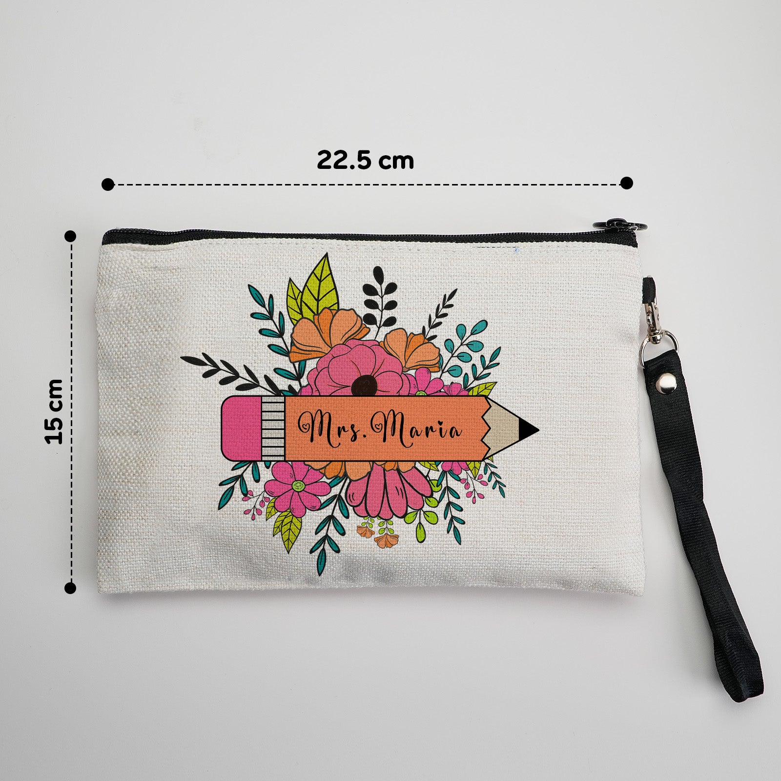 Zipper detail of personalised floral canvas pouch highlighting robust hardware and neat finish