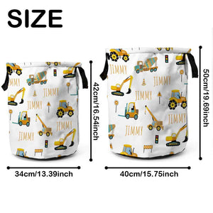 Personalized Work Vehicles Construction Trucks Toy Laundry Basket with Name Storage Basket Gift for Family Kids