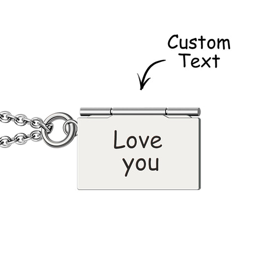 Personalised envelope locket necklace in silver — stainless steel openable pendant holding a custom engraved photo keepsake, ideal gift for her