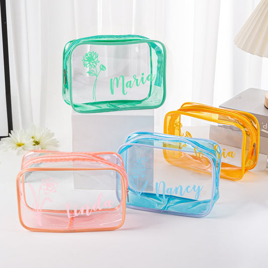 Personalised birth flower clear makeup bag with printed name – waterproof PVC cosmetic pouch, perfect travel gift for her