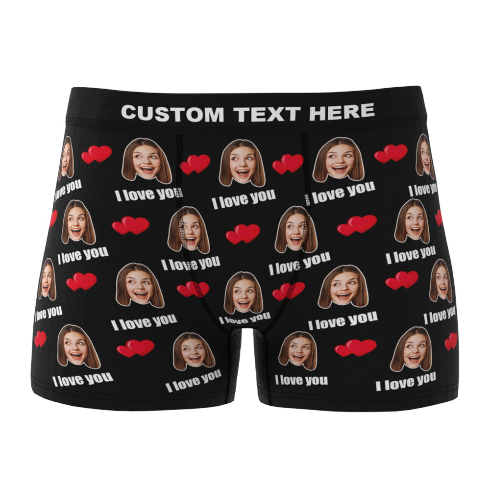 Flat-lay of personalised I Love You men's boxer shorts highlighting the custom face print on the waistband – ideal anniversary or birthday present